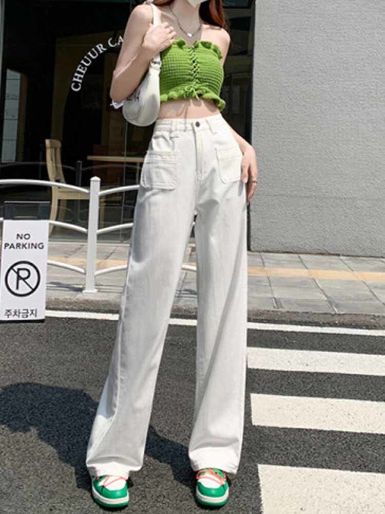 Yitimoky White Jeans Woman Y2k Fashion Pockets Streetwear Pants High Waist Wide Baggy Mom Jeans 2022 New Women Jeans